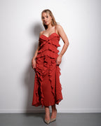 SEISHIKI STUDIO Maxikleid mit Rüschen – Lagenlook und fließende Silhouette, Rostrot