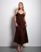 SEISHIKI STUDIO Ruffle Maxi Dress – Layered Detail & Flowy Silhouette Brown