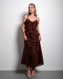 Ruffle Maxi Dress – Layered Detail &amp; Flowy Silhouette Brown – SEISHIKI STUDIO