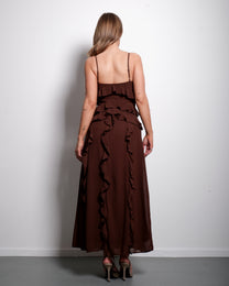 Ruffle Maxi Dress – Layered Detail &amp; Flowy Silhouette Brown – SEISHIKI STUDIO