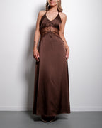 SEISHIKI STUDIO Lace Detail Halter Maxi Dress – Open Back & Satin Look Brown