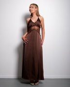 SEISHIKI STUDIO Lace Detail Halter Maxi Dress – Open Back & Satin Look Brown