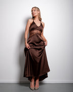 SEISHIKI STUDIO Lace Detail Halter Maxi Dress – Open Back & Satin Look Brown