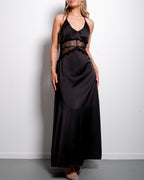 SEISHIKI STUDIO Maxikleid mit Neckholder und Spitzenverzierung – Rückenausschnitt & Satin-Optik, schwarz