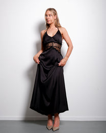 SEISHIKI STUDIO Lace Detail Halter Maxi Dress – Open Back &amp; Satin Look Black