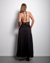 SEISHIKI STUDIO Lace Detail Halter Maxi Dress – Open Back &amp; Satin Look Black