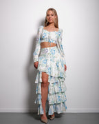 SEISHIKI STUDIO Rüschen-Set – Oberteil mit Puffärmeln & fließender Minirock, blau