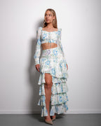 SEISHIKI STUDIO Rüschen-Set – Oberteil mit Puffärmeln & fließender Minirock, blau