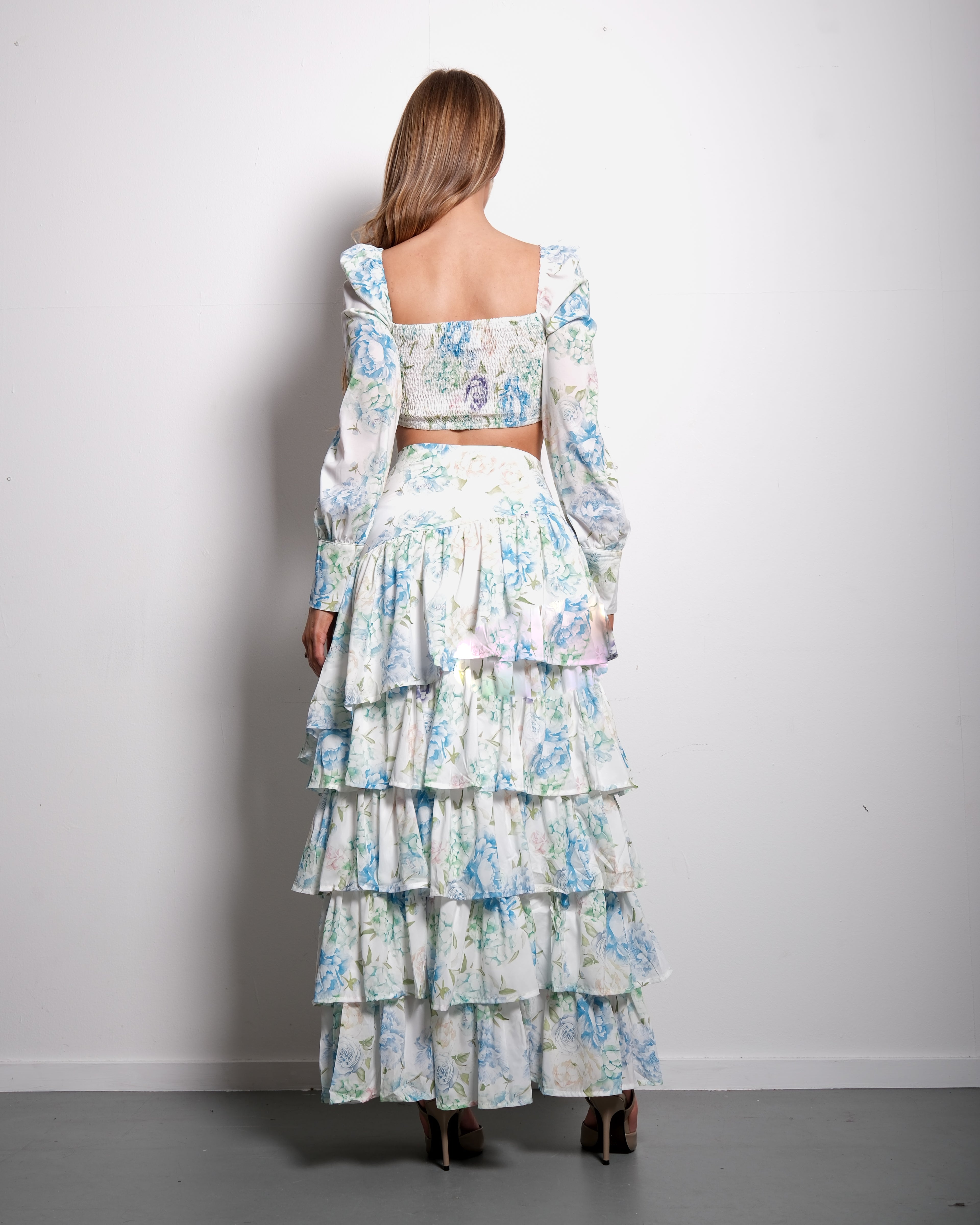 SEISHIKI STUDIO Set met ruches – Top met pofmouwen en zwierige minirok, blauw