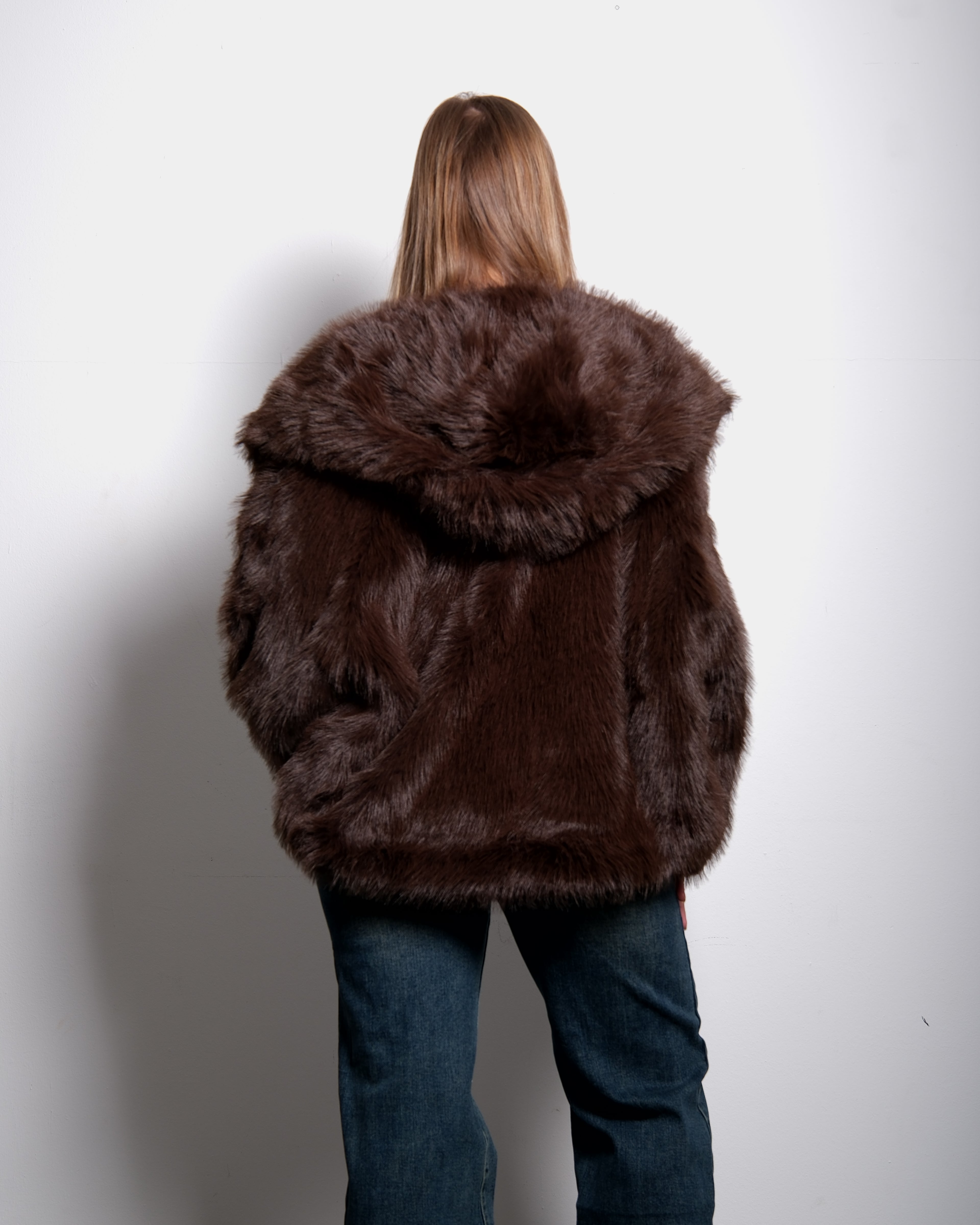 short faux fur jacket with hood brown