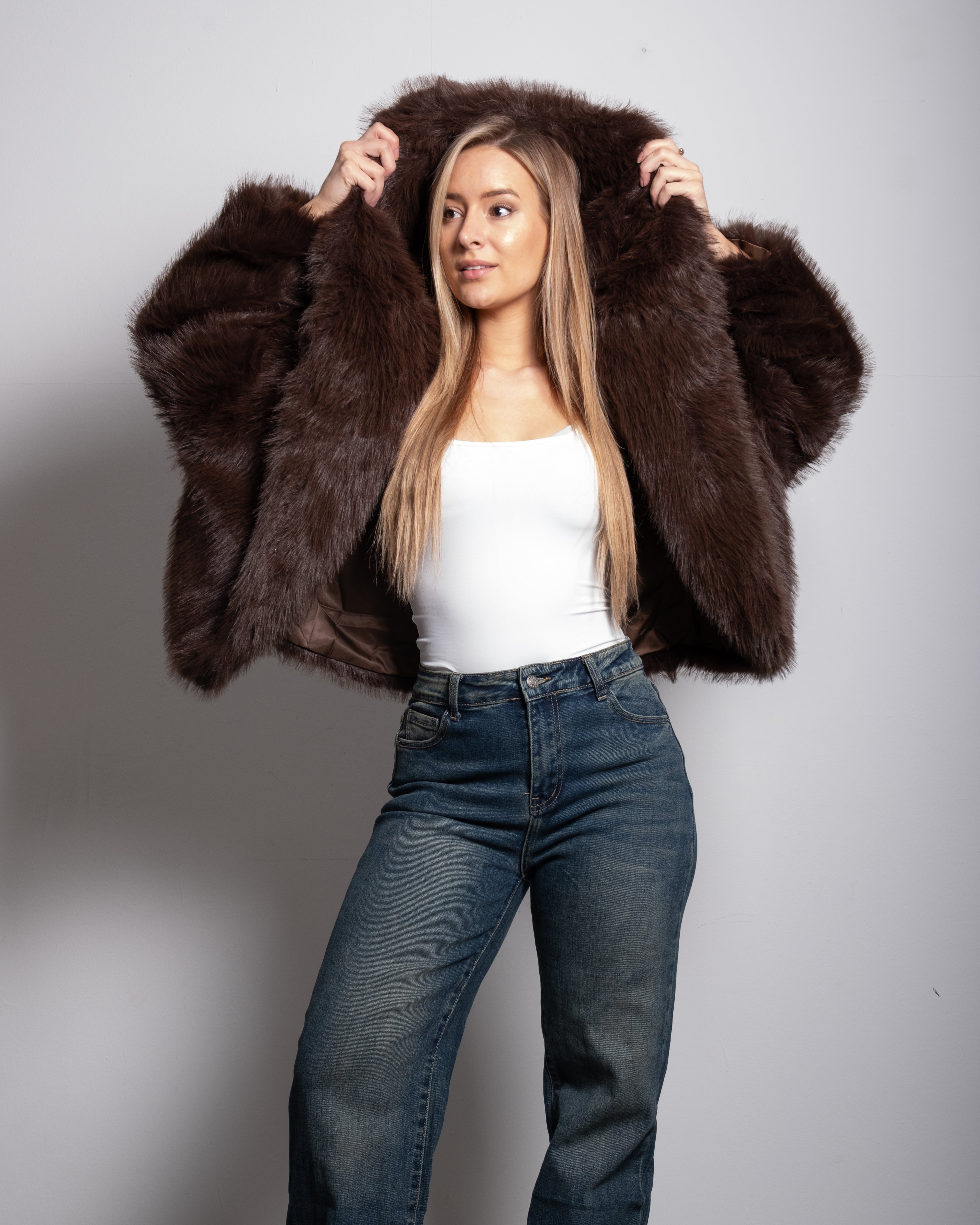 short faux fur jacket with hood brown