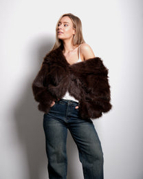 FLUFFY short faux fur jacket with hood brown | SEISHIKI STUDIO