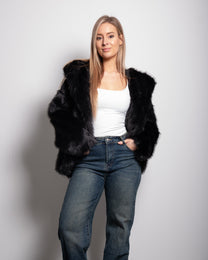 FLUFFY short faux fur jacket with hood black | SEISHIKI STUDIO