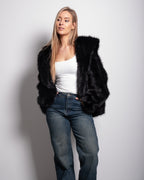 short faux fur jacket with hood black
