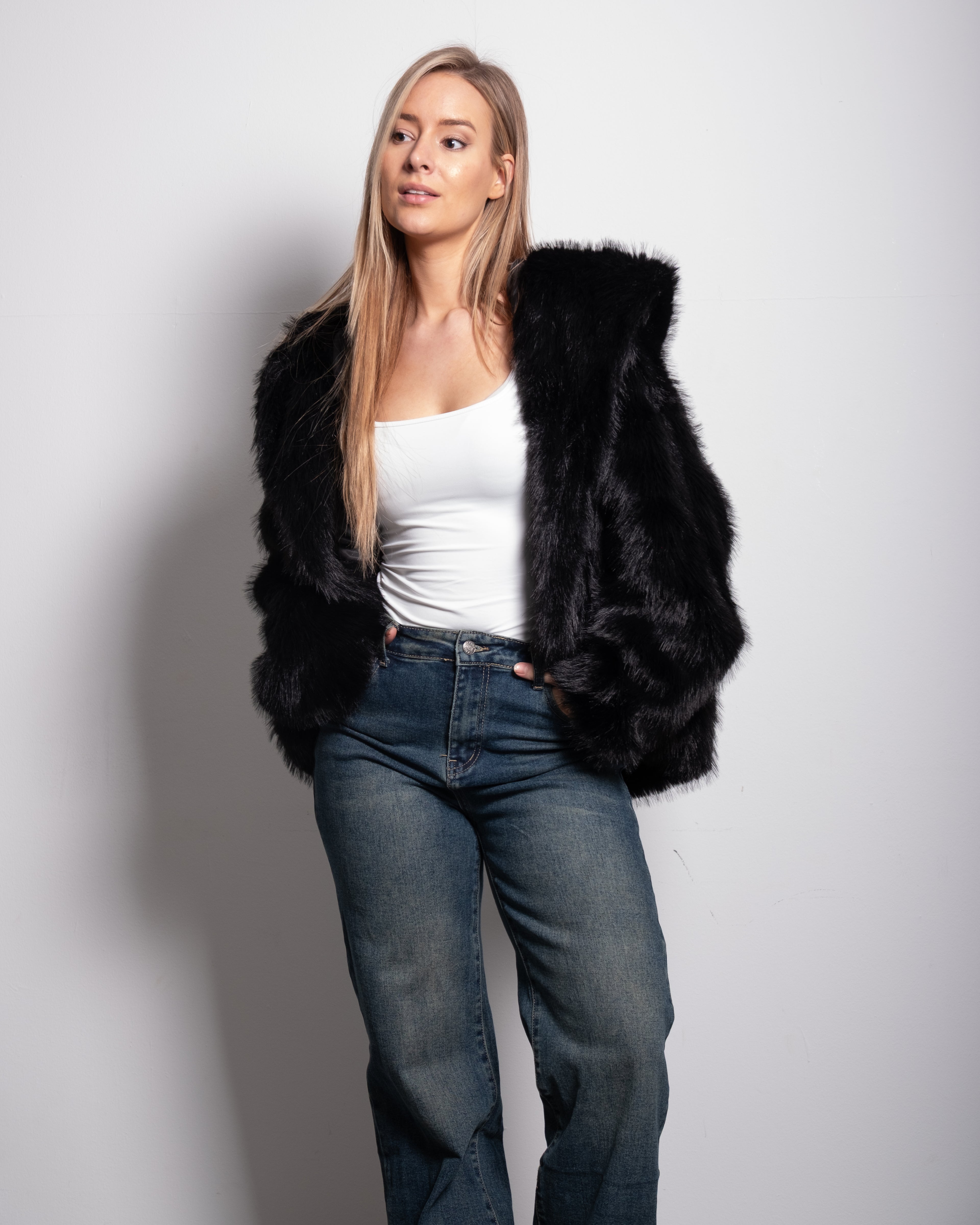 short faux fur jacket with hood black