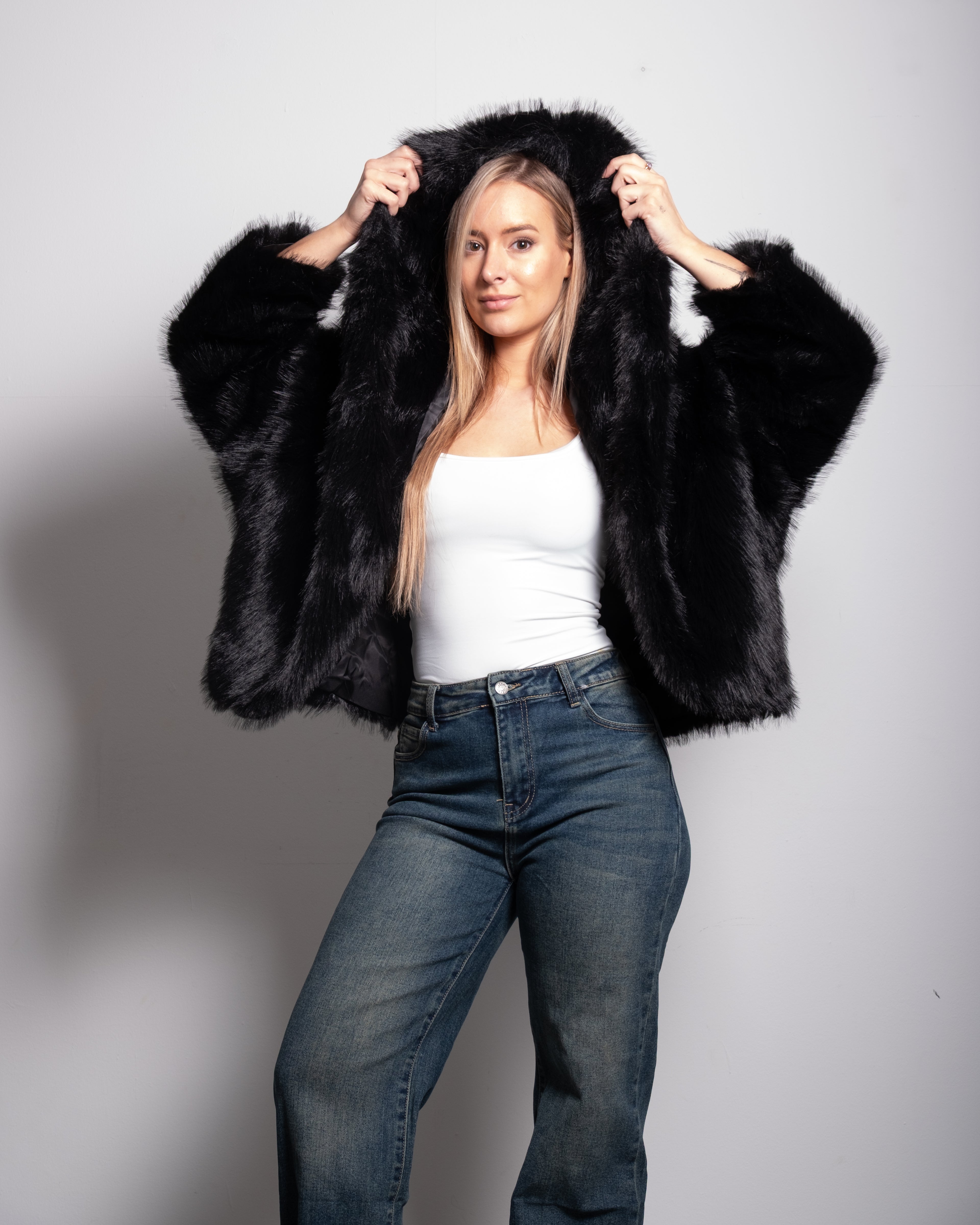 short faux fur jacket with hood black