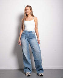 INSEAM 81CM - LIGHT STRETCH MEDIUM WASH WITH BRIGHT SPOTS WIDE LEG JEANS | SEISHIKI STUDIO