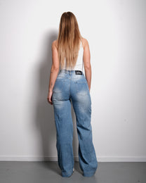 INSEAM 81CM - LIGHT STRETCH MEDIUM WASH WITH BRIGHT SPOTS WIDE LEG JEANS | SEISHIKI STUDIO