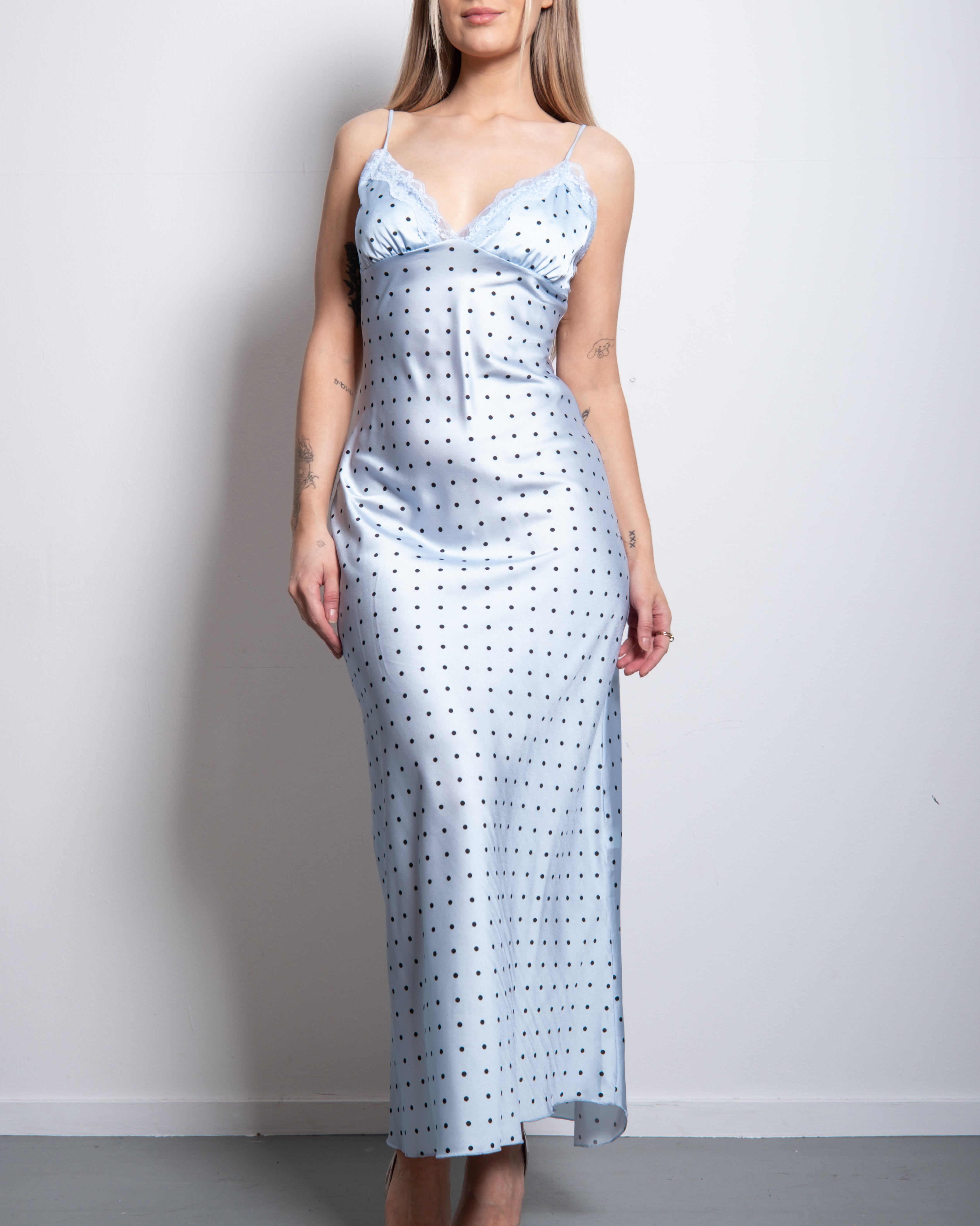 polkadot silky long dress blue