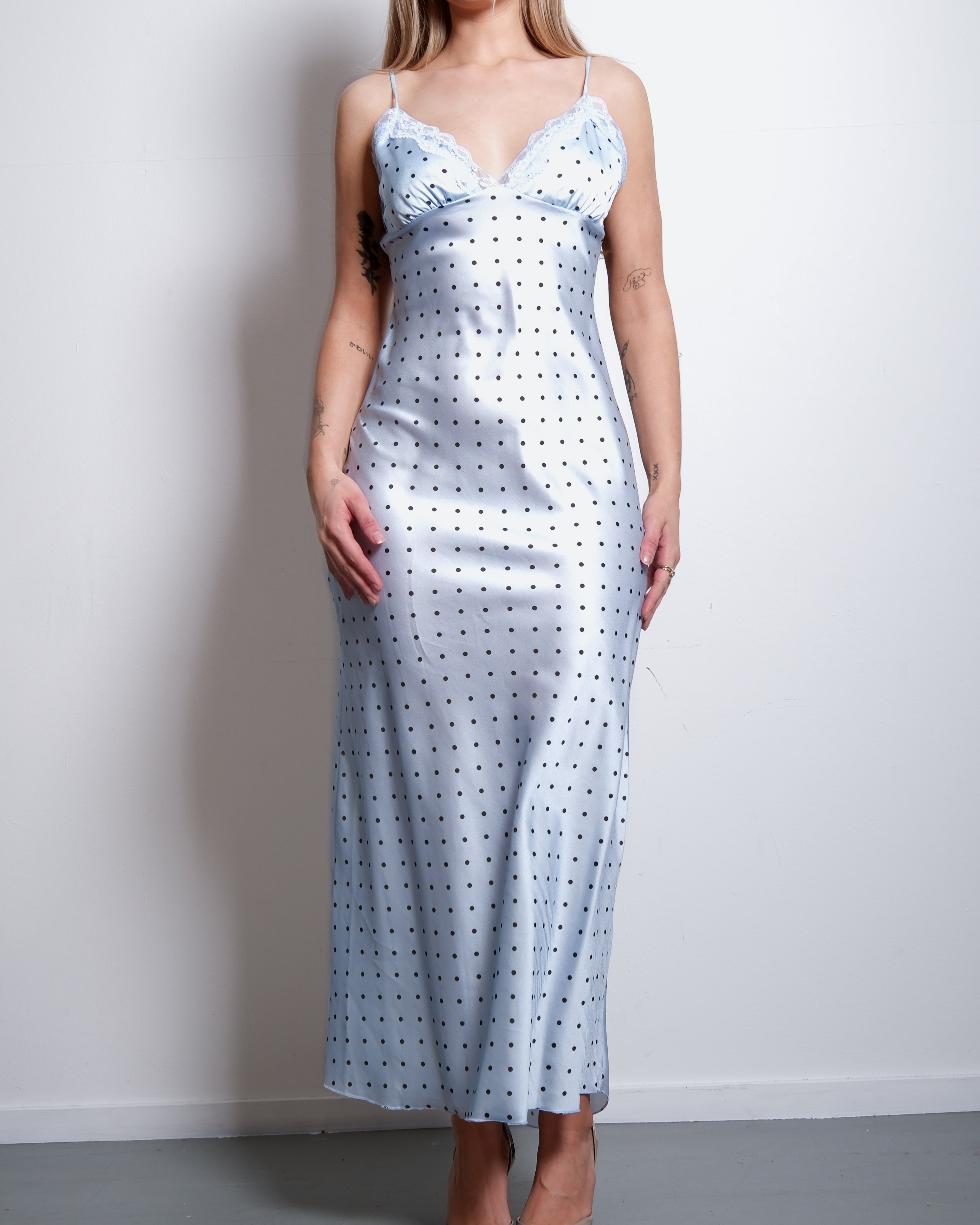 polkadot silky long dress blue