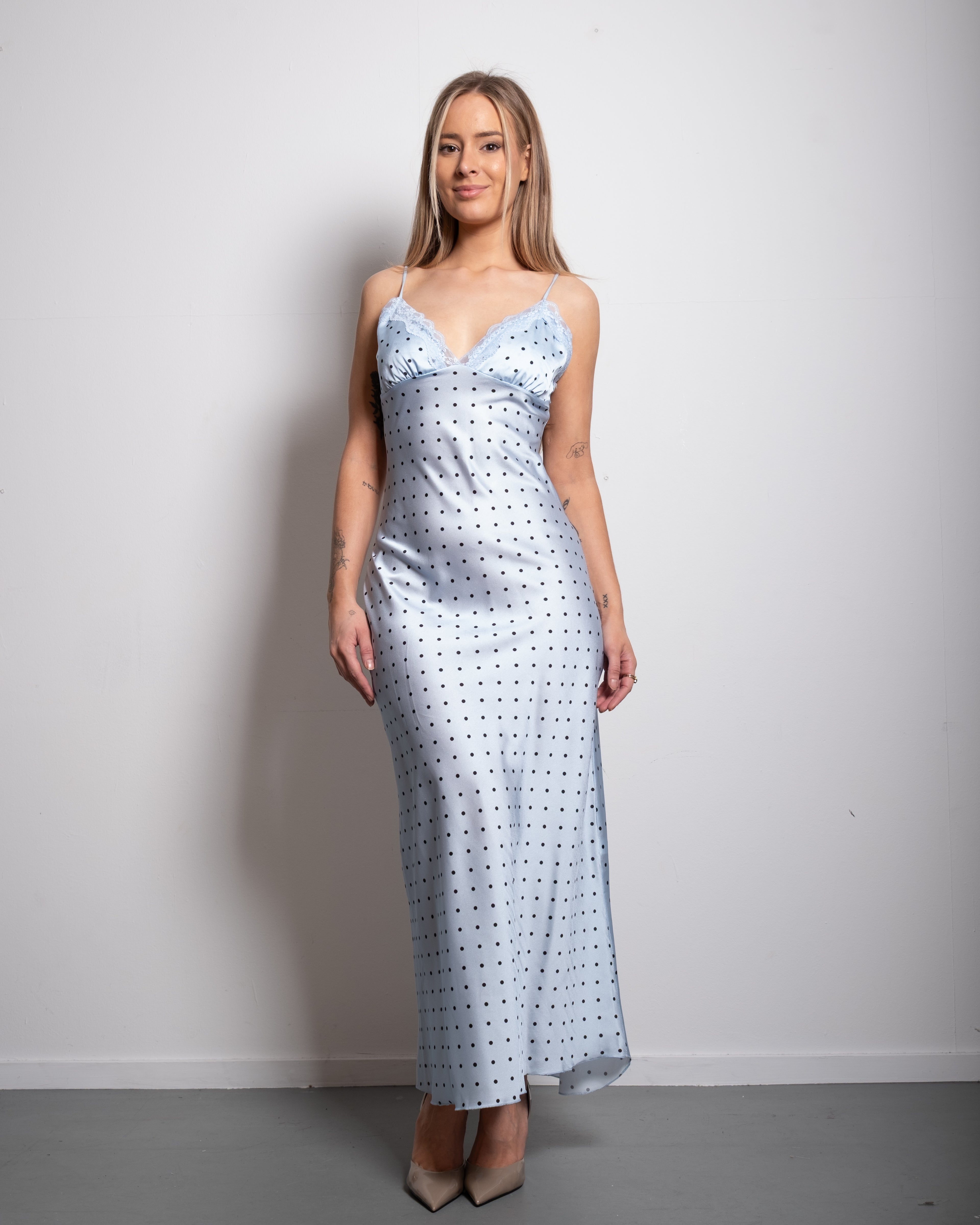 polkadot silky long dress blue