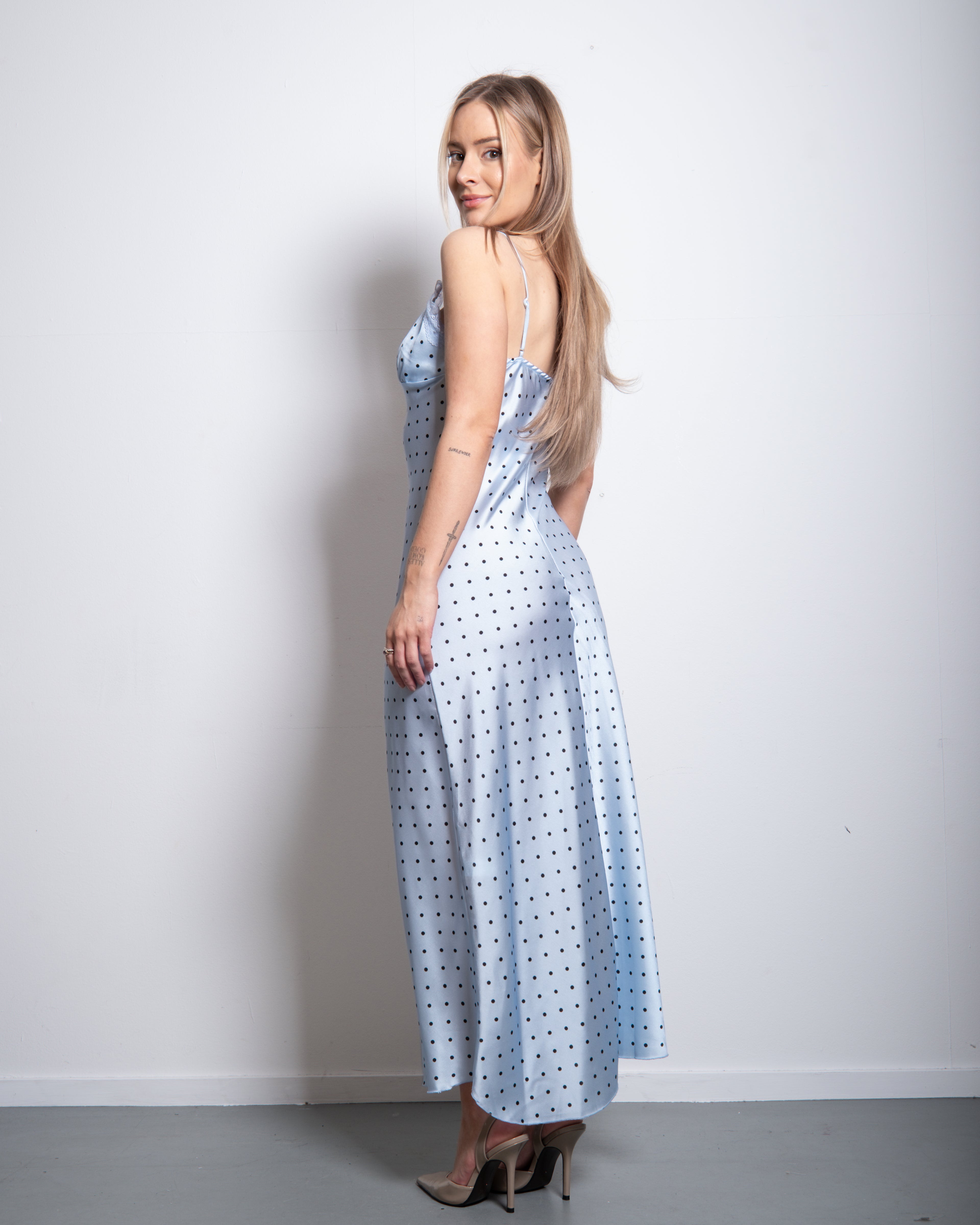 polkadot silky long dress blue