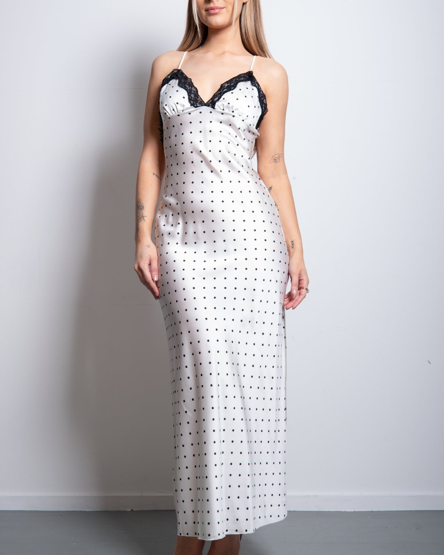 polkadot silky long dress white | SEISHIKI STUDIO