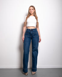 SUPER STRETCHY BLUE WIDE LEG JEANS WITH SMALL FRONT POCKETS - IL 80CM | SEISHIKI STUDIO