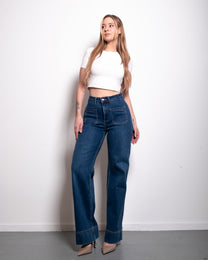 SUPER STRETCHY BLUE WIDE LEG JEANS WITH SMALL FRONT POCKETS - IL 80CM | SEISHIKI STUDIO