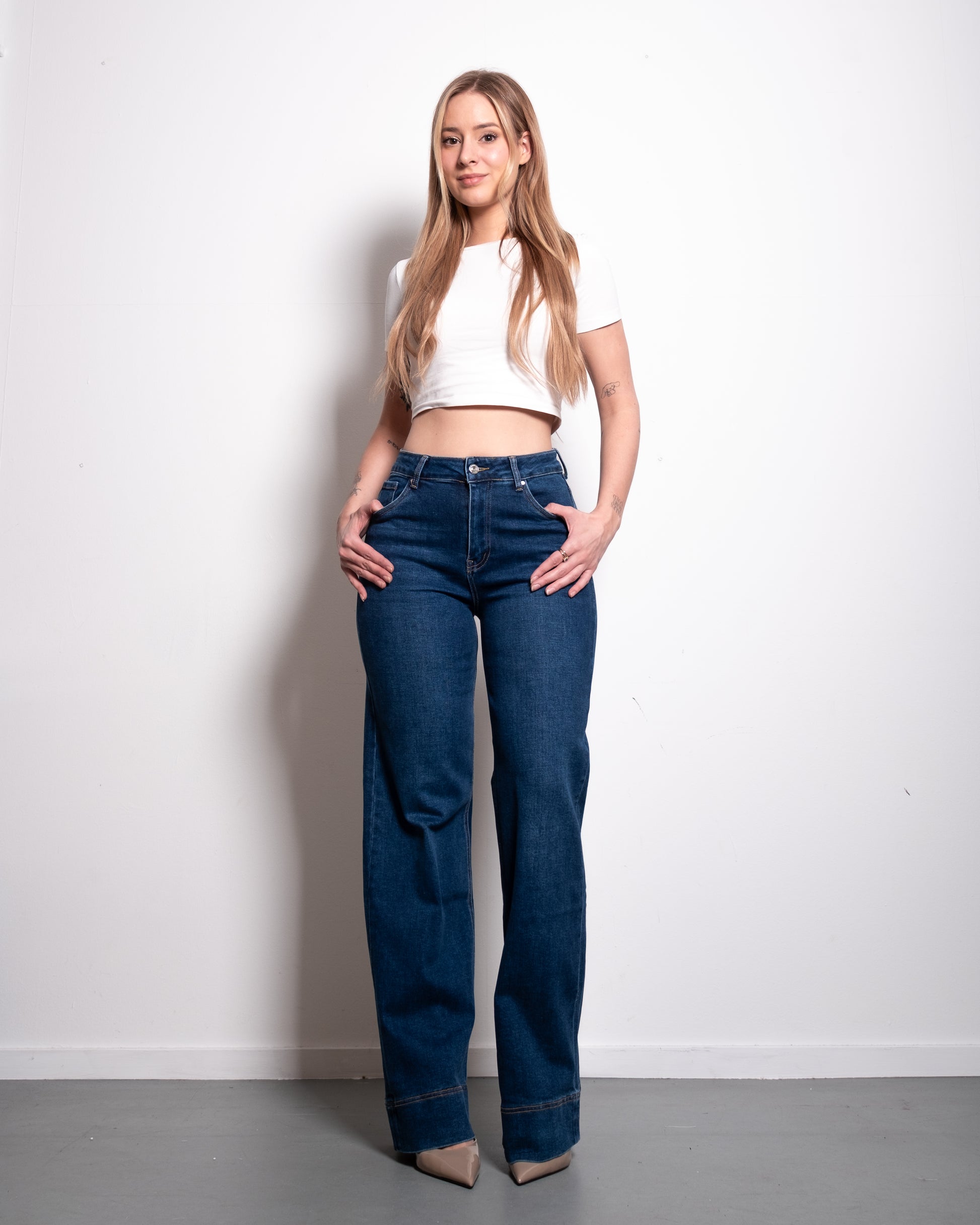 STRETCHY DARK BLUE WIDE LEG JEANS WITH RAISED BOTTOM SEAM - INSEAM 80CM | SEISHIKI STUDIO