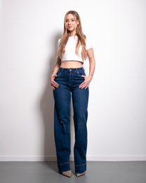 STRETCHY DARK BLUE WIDE LEG JEANS WITH RAISED BOTTOM SEAM - INSEAM 80CM | SEISHIKI STUDIO