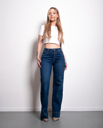 STRETCHY DARK BLUE WIDE LEG JEANS WITH RAISED BOTTOM SEAM - INSEAM 80CM | SEISHIKI STUDIO
