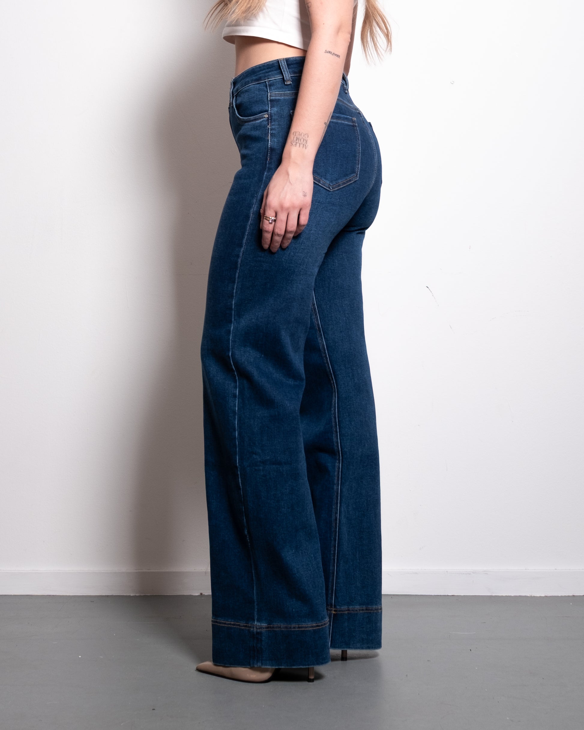 STRETCHY DARK BLUE WIDE LEG JEANS WITH RAISED BOTTOM SEAM - INSEAM 80CM | SEISHIKI STUDIO