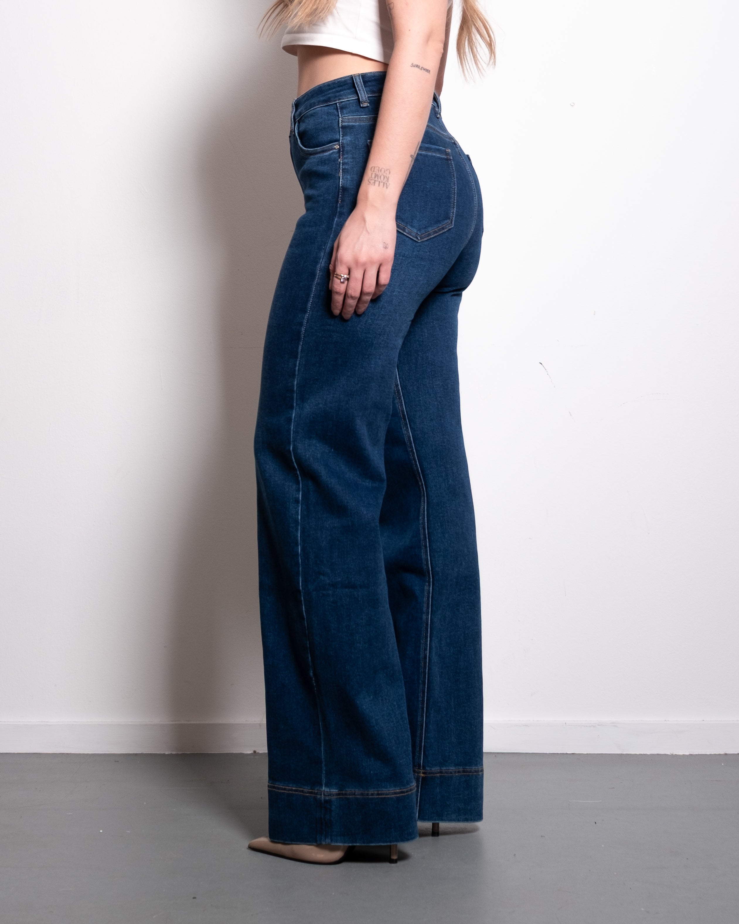 DARK BLUE WIDE LEG JEANS WITH RAISED BOTTOM SEAM - INSEAM 80CM