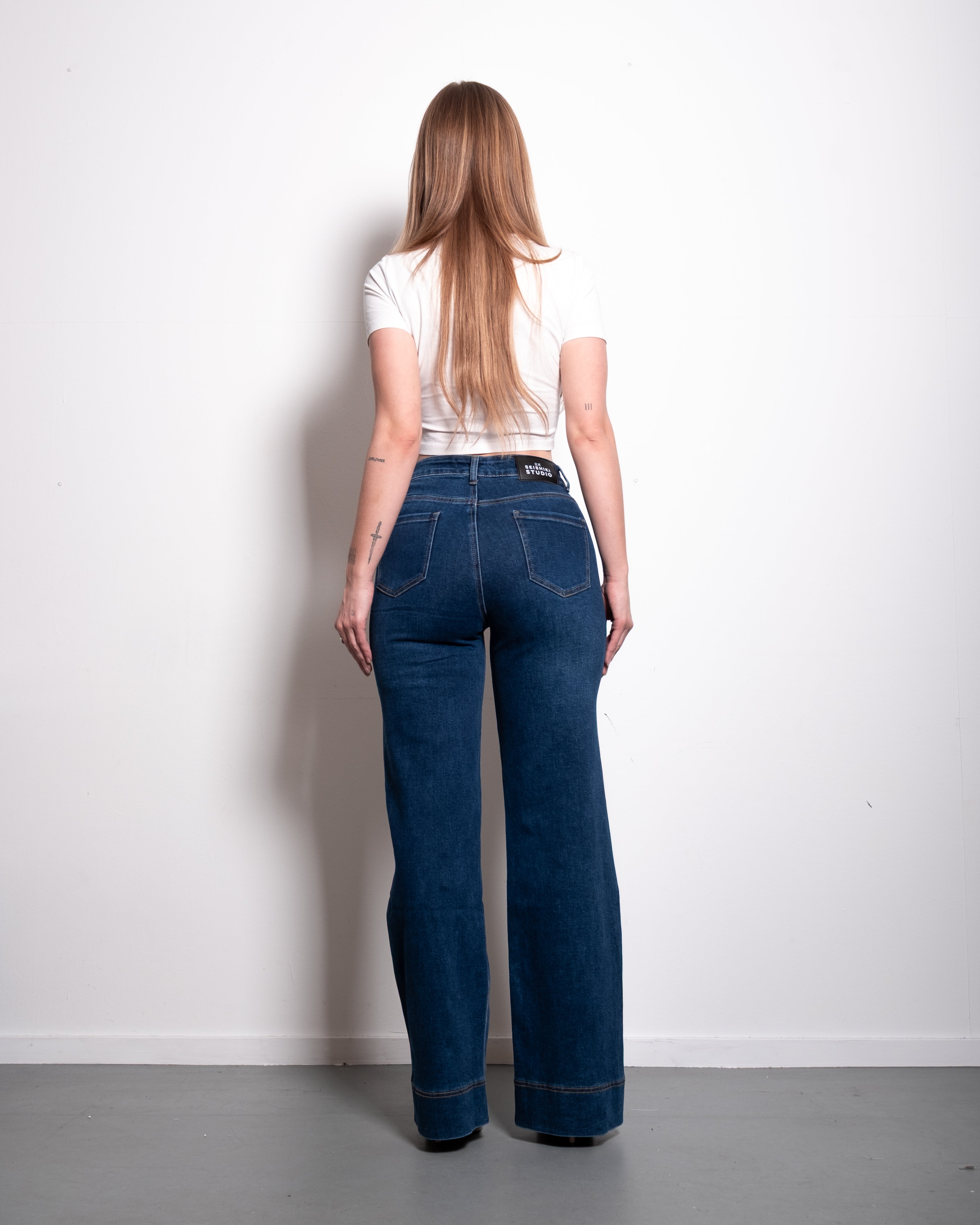 DARK BLUE WIDE LEG JEANS WITH RAISED BOTTOM SEAM - INSEAM 80CM