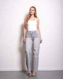 INSEAM 76CM - STRETCHY GREY WIDE LEG JEANS WITH SLANTED BUTTON | SEISHIKI STUDIO