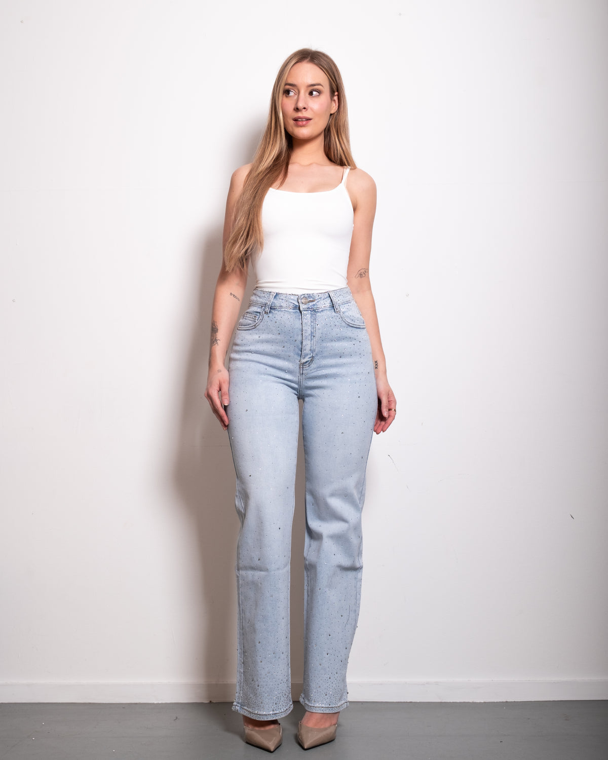 STRETCHY LIGHT WASH ALL OVER SPARKLE JEANS - INSEAM 80CM | SEISHIKI STUDIO
