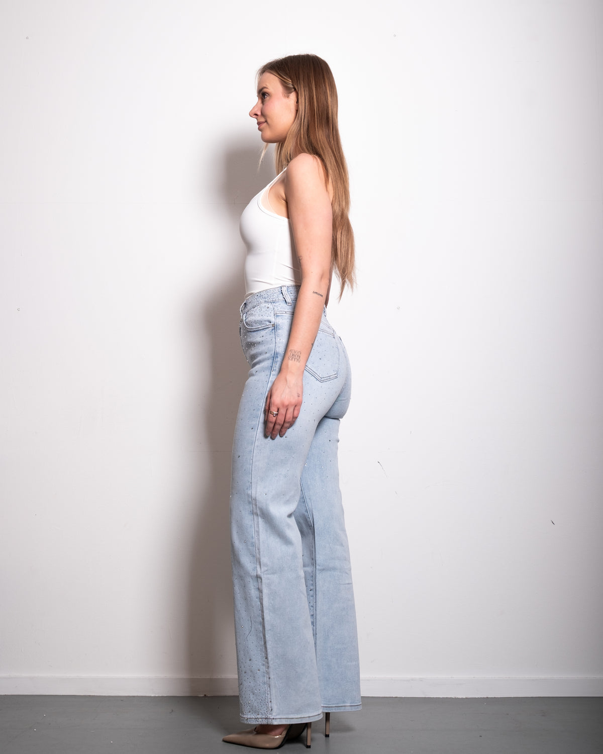STRETCHY LIGHT WASH ALL OVER SPARKLE JEANS - INSEAM 80CM | SEISHIKI STUDIO
