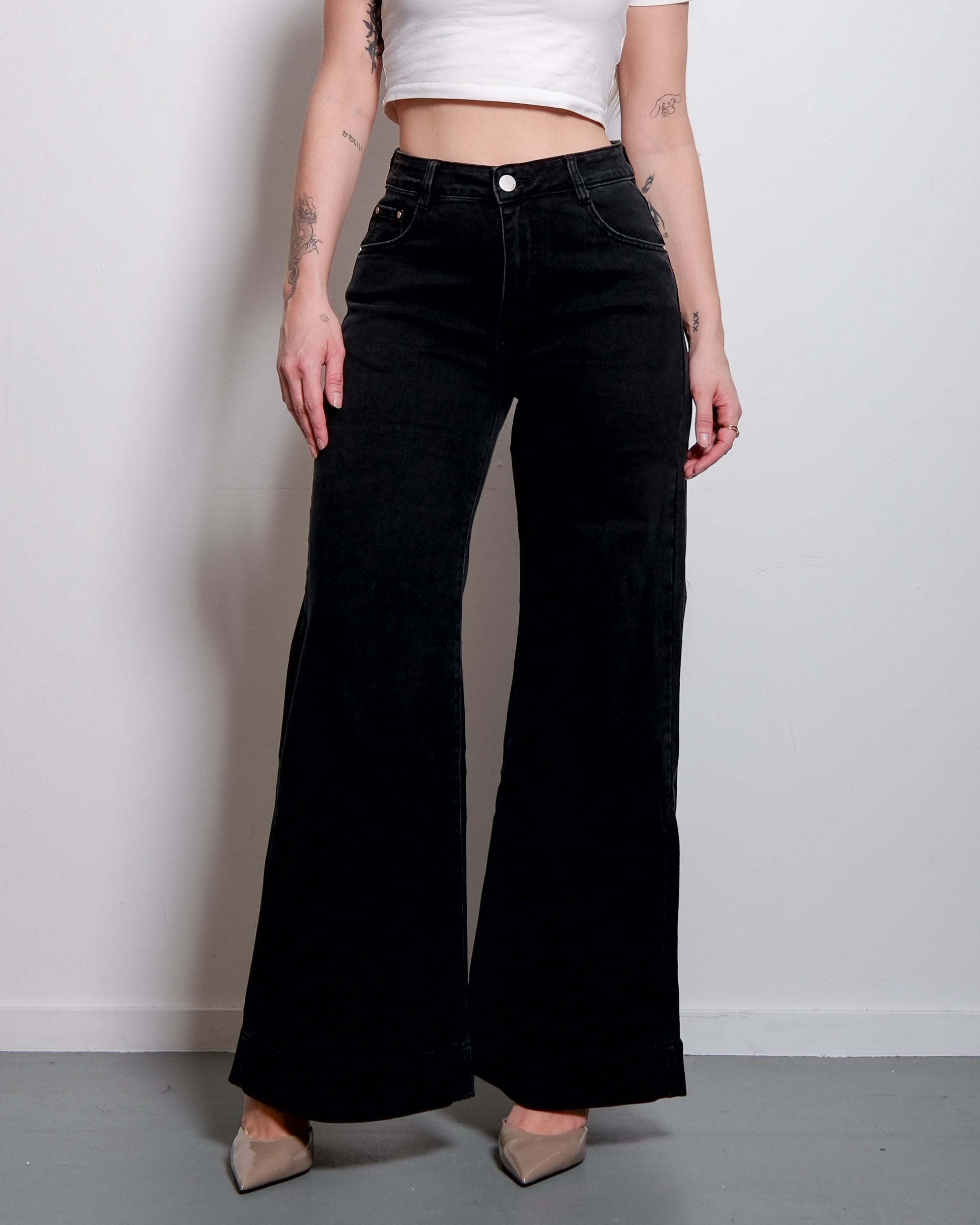 BODY SHAPING - LIGHT STRETCH - HIGH WAIST BLACK WIDE LEG JEANS - 75CM | SEISHIKI STUDIO