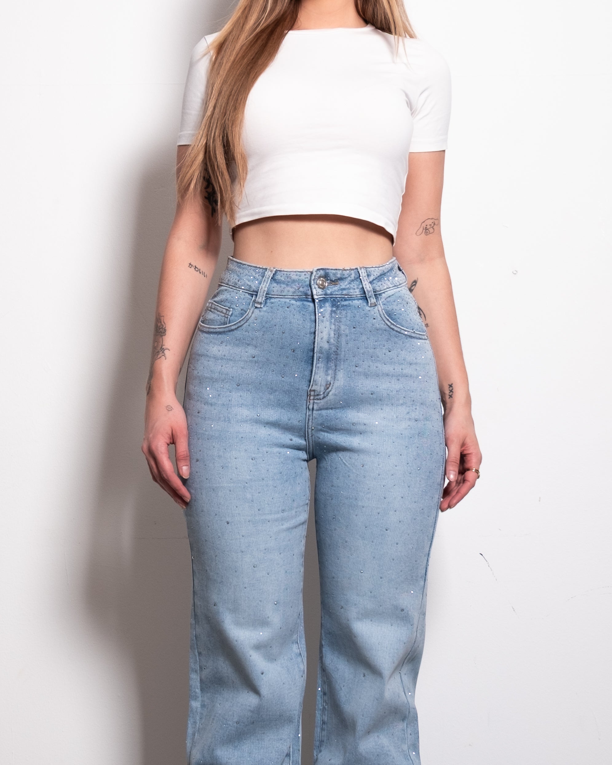 MEDIUM WASH ALL OVER SPARKLE JEANS - INSEAM 80CM