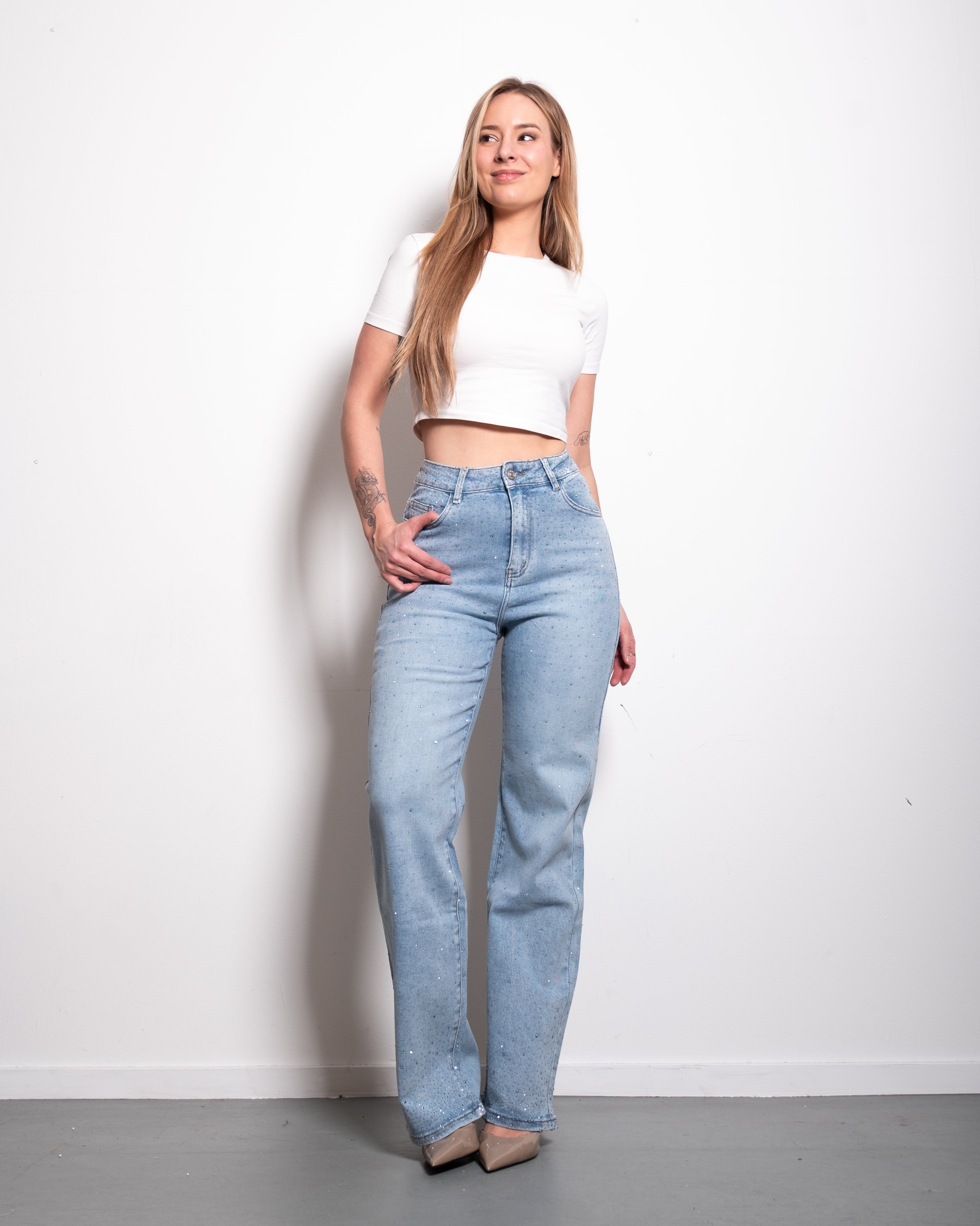 MEDIUM WASH ALL OVER SPARKLE JEANS - INSEAM 80CM