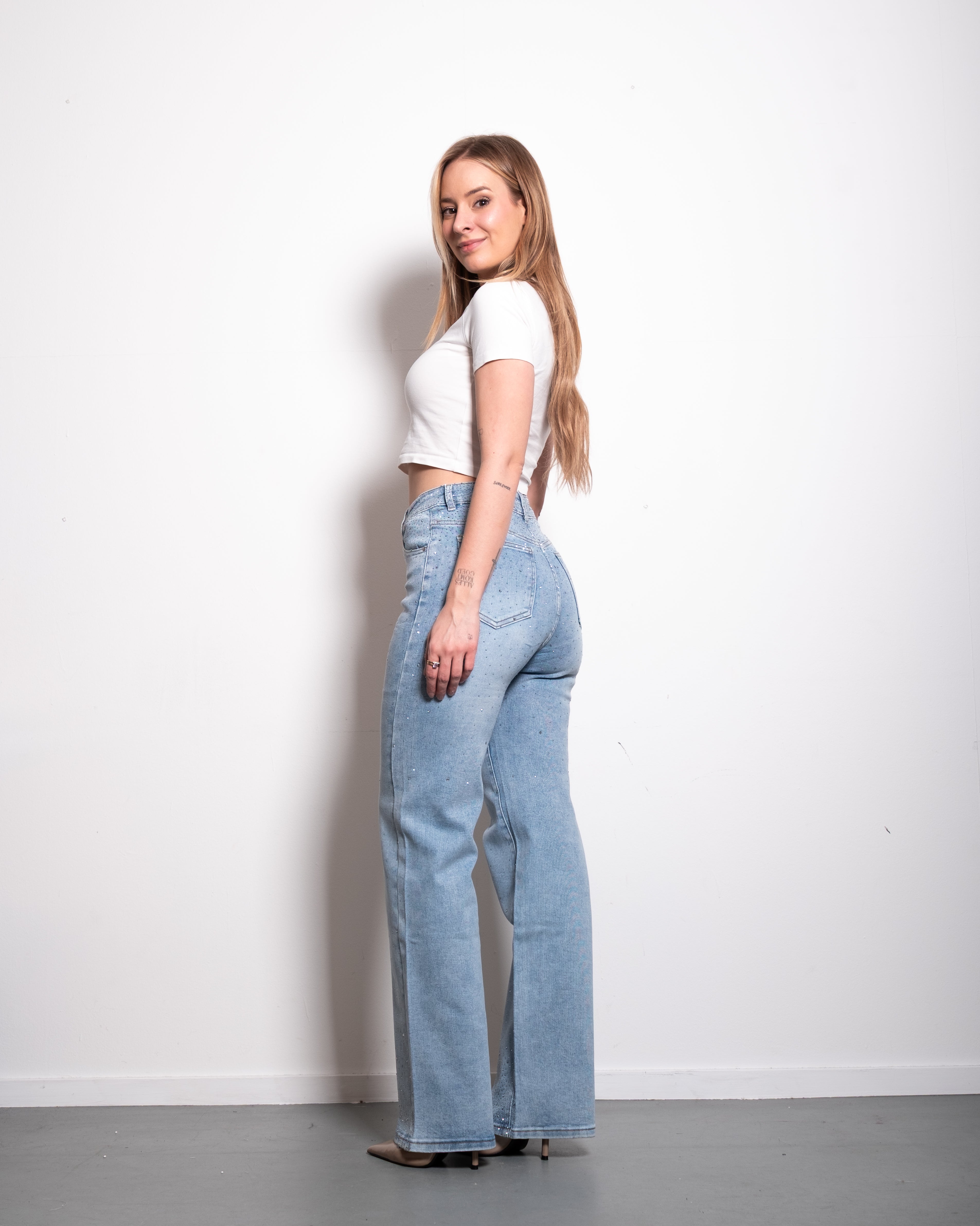 MEDIUM WASH ALL OVER SPARKLE JEANS - INSEAM 80CM
