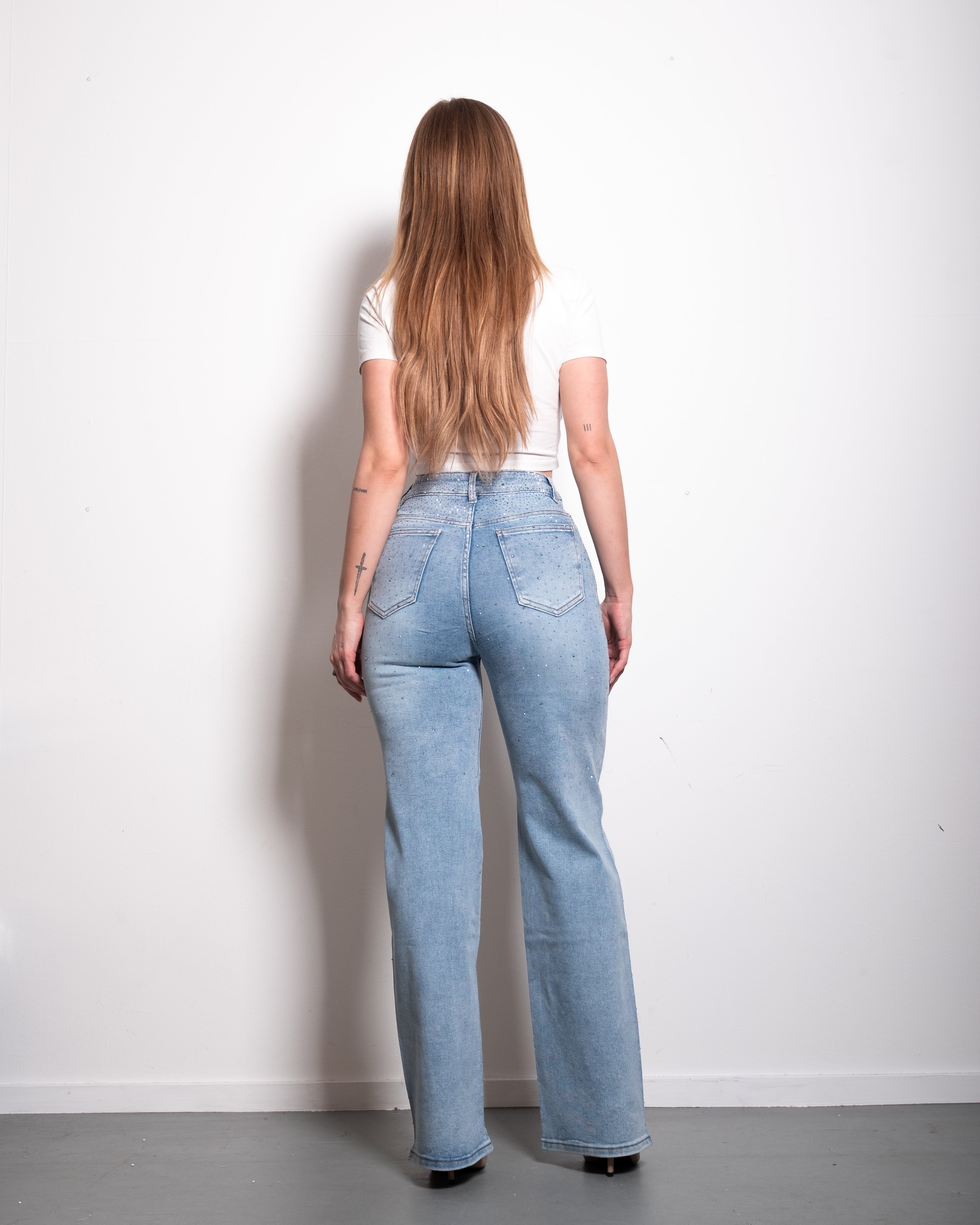 MEDIUM WASH ALL OVER SPARKLE JEANS - INSEAM 80CM