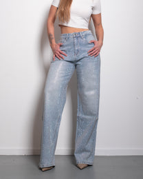 INSEAM 83CM - NON STRETCH - ALL OVER RHINESTONES LIGHT WASH WIDE LEG JEANS | SEISHIKI STUDIO