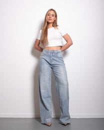 INSEAM 83CM - NON STRETCH - ALL OVER RHINESTONES LIGHT WASH WIDE LEG JEANS | SEISHIKI STUDIO