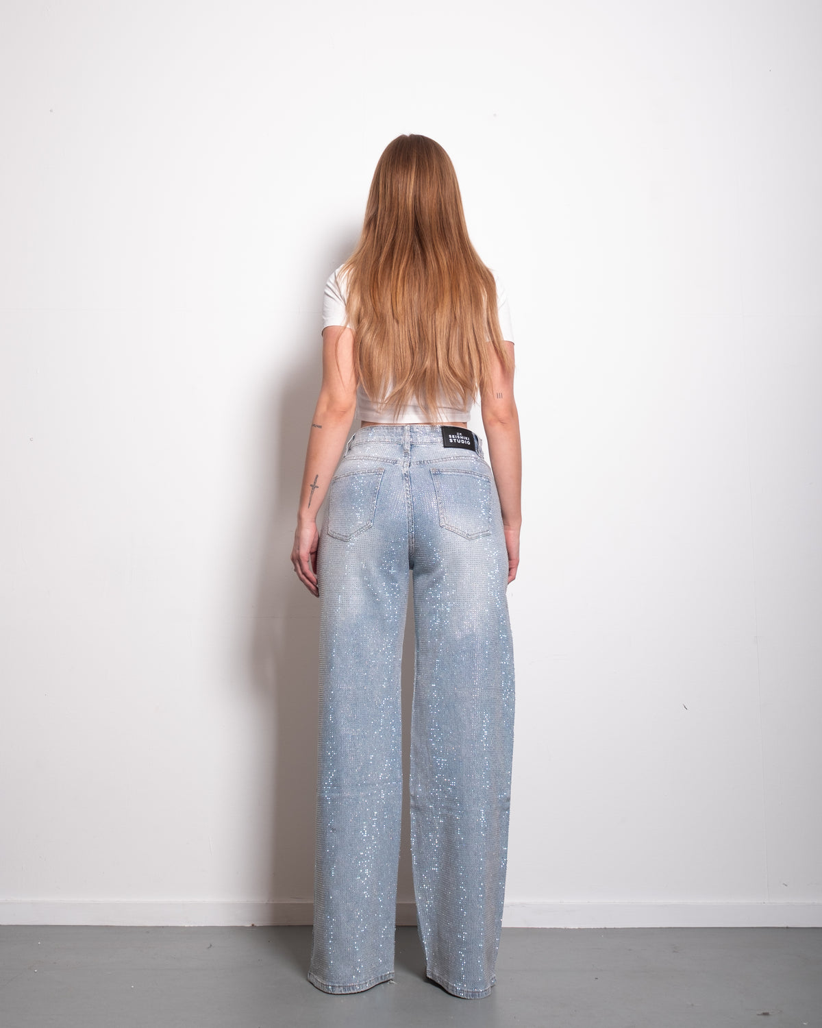 INSEAM 83CM - NON STRETCH - ALL OVER RHINESTONES LIGHT WASH WIDE LEG JEANS | SEISHIKI STUDIO