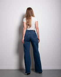 SUPER STRETCHY DARK BLUE WIDE LEG JEANS WITH SLANTED BUTTON - INSEAM 81CM | SEISHIKI STUDIO