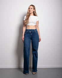 SUPER STRETCHY DARK BLUE WIDE LEG JEANS WITH SLANTED BUTTON - INSEAM 81CM | SEISHIKI STUDIO