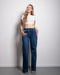 SUPER STRETCHY DARK BLUE WIDE LEG JEANS WITH SLANTED BUTTON - INSEAM 81CM | SEISHIKI STUDIO