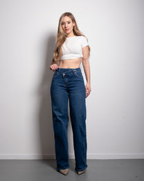 SUPER STRETCHY DARK BLUE WIDE LEG JEANS WITH SLANTED BUTTON - INSEAM 81CM | SEISHIKI STUDIO